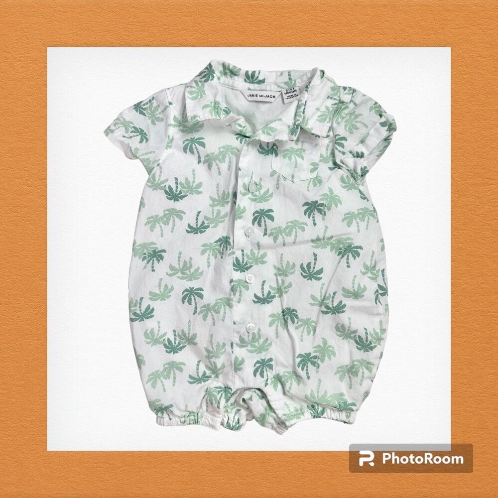 Janie And Jack Baby 0 To 3 Months 100% Cotton White One Piece Romper Palm Trees